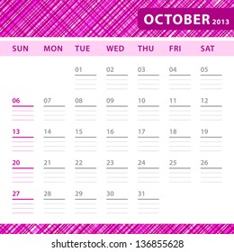 October 2013 planning calendar with space for notes. Checked pink texture in background.