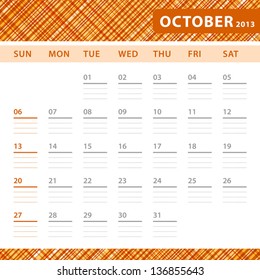 October 2013 planning calendar with space for notes. Checked orange texture in background.