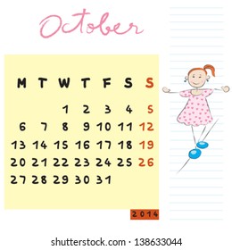 october 2014 calendar illustration, hand drawn design with kid, the balanced student profile for international schools