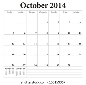October 2014 -planning calendar. Weeks start on Sunday.