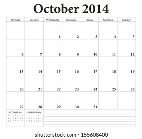 October 2014 -planning calendar. Weeks start on Monday.