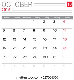 October 2015 calendar vector design template. Simple blank calendar illustration.