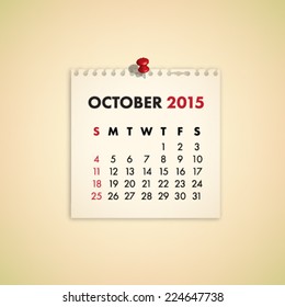 October 2015 Note Paper Calendar Vector