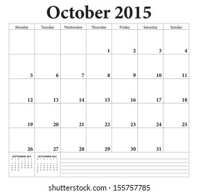 October 2015 -planning calendar. Weeks start on Monday.