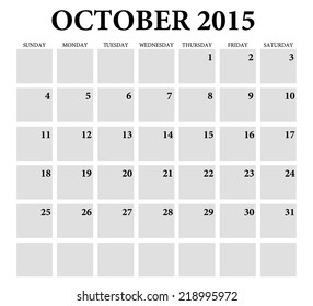 October 2015 -planning calendar. Weeks start on Sunday.