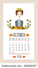 October. 2016 calendar with cute girl in wreath of seasonal flowers. Frame of autumn leaves. Can be used like greeting cards.