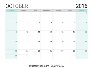 October 2016 calendar (or desk planner), weeks start from Sunday