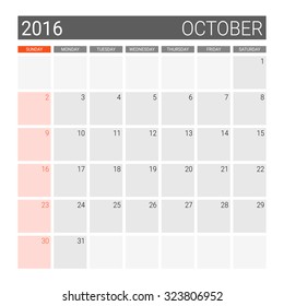 October 2016 calendar (or desk planner), weeks start from Sunday