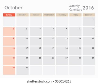 October 2016 calendar planner, monthly calender, vector illustrator