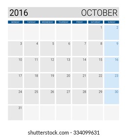 October 2016 calendar, weeks start from Monday