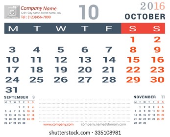 October 2016. Desk and Wall Monthly Calendar for 2016 Year. Vector Design Print October Template with Place for Photo logo and description company. Week Starts Monday. Portrait Orientation