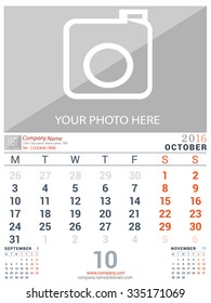 October 2016. Desk and Wall Monthly Calendar for 2016 Year. Vector Design Print October Template with Place for Photo logo and description company. Week Starts Monday. Portrait Orientation