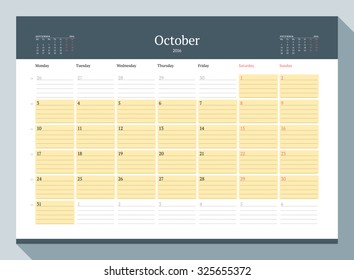 October 2016. Monthly Calendar Planner for 2016 Year. Vector Design Print Template. Week Starts Monday