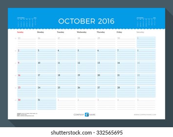 October 2016. Monthly Calendar Planner for 2016 Year. Vector Design Print Template. Week Starts Sunday