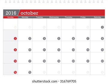 October 2016 planning calendar