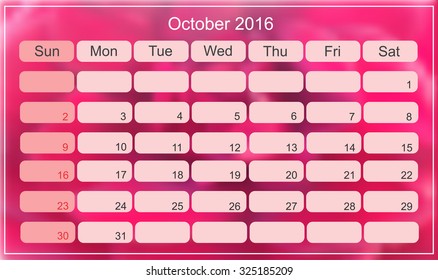 October 2016. Planning calendar for october 2016. Vector illustration.