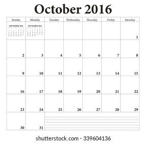 October 2016 -planning calendar. Weeks start on Sunday.