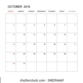 October 2016 - Vector calendar template design for planning. Week start from Sunday.