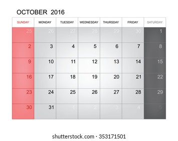 October 2016 - Vector calendar template design for planning. Week start from Sunday.