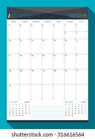 October 2016. Vector Design Print Template. Monthly Calendar Planner for 2016 Year. Week Starts Monday