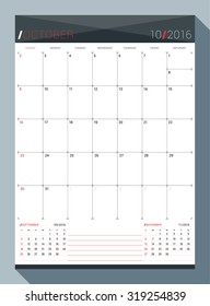 October 2016. Vector Design Print Template. Monthly Calendar Planner for 2016 Year. 3 Months on Page. Week Starts Sunday