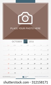 October 2016. Wall Monthly Calendar for 2016 Year. Vector Design Print Template with Place for Photo. Week Starts Sunday. Portrait Orientation