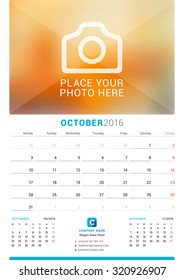 October 2016. Wall Monthly Calendar for 2016 Year. Vector Design Print Template with Place for Photo. Week Starts Monday. 3 Months on Page