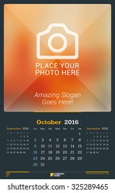 October 2016. Wall Monthly Calendar for 2016 Year. Vector Design Print Template with Place for Photo. Dark Background. Week Starts Sunday. 3 Months on Page