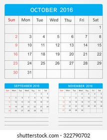 October 2016.Planning calendar for october 2016.Vector illustration.