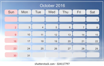 October 2016.Planning calendar for october 2016.Vector illustration.