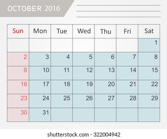 October 2016.Planning calendar for october 2016.Vector template.