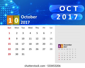 October 2017 Calendar, Abstract Dotted Globe with Blue Shining Glitter. Vector Illustration.