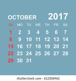 October 2017 calendar. Business vector illustration.