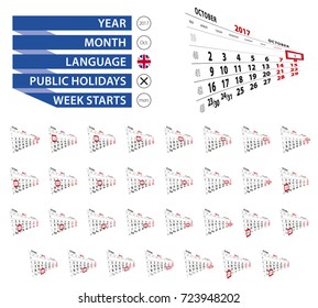 October 2017 calendar collection, highlighted day of October. Week starts from Monday. Vector Illustration.