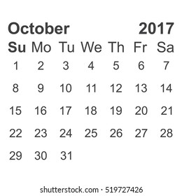 October 2017 Calendar Icon Vector flat design style
