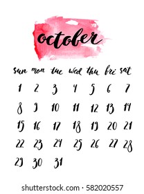 October 2017 calendar with ink calligraphy elements and watercolor light red background. Week starts Sunday.