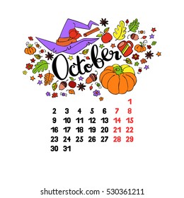 October. 2017. Calendar. Isolated vector object on white background.