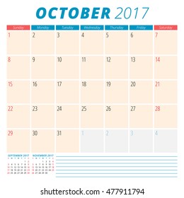 October 2017. Calendar Planner for 2017 Year. Week Starts Sunday. Stationery Design. 3 Months on Page. Vector Calendar Template