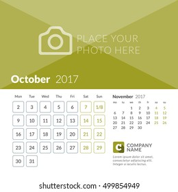 October 2017. Calendar for 2017 Year. Week Starts Monday. 2 Months on Page. Vector Design Print Template with Place for Photo and Company Logo