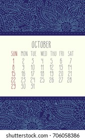 October 2017 vector calendar over blue lacy doodle hand drawn background, week starting from Sunday.