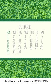 October 2017 vector calendar over green lacy doodle hand drawn background, week starting from Sunday.
