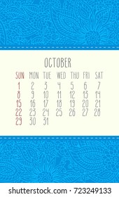 October 2017 vector calendar over lacy doodle blue hand drawn background, week starting from Sunday.