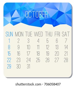 October 2017 vector calendar. Week starting from Sunday. Contemporary low poly design in blue color.