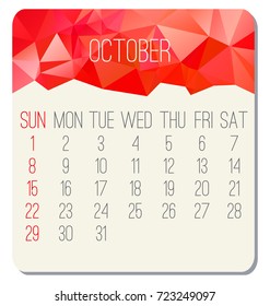 October 2017 vector calendar. Week starting from Sunday. Contemporary low poly design in red color.