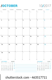 October 2017. Vector Print Template. Monthly Calendar Planner for 2017 Year. Week Starts Monday. 3 Months on the Page. Stationery Design
