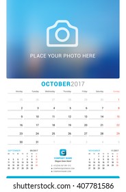 October 2017. Wall Monthly Calendar for 2017 Year. Vector Design Print Template with Place for Photo. Week Starts Monday. 3 Months on Page