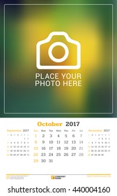 October 2017. Wall Monthly Calendar for 2017 Year. Vector Design Print Template with Place for Photo. Week Starts Sunday. 3 Months on Page