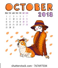 October. 2018 calendar. Cute girl with dog. Can be used like greeting cards.