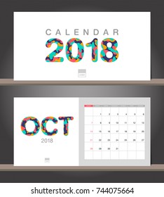 October 2018 Calendar. Desk Calendar modern design template with paper cut styles. Week starts on Sunday. Vector illustration.
