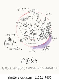 October 2018 calendar with ink calligraphy elements and spicy pears, herbs on a plate top view. Ingredients for a warm autumn dessert with cinnamon, peppercorn, star anis.